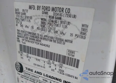 2013 Ford F-150 Xl из США, поврежденный, VIN 1FTFW1EF7DFA04352